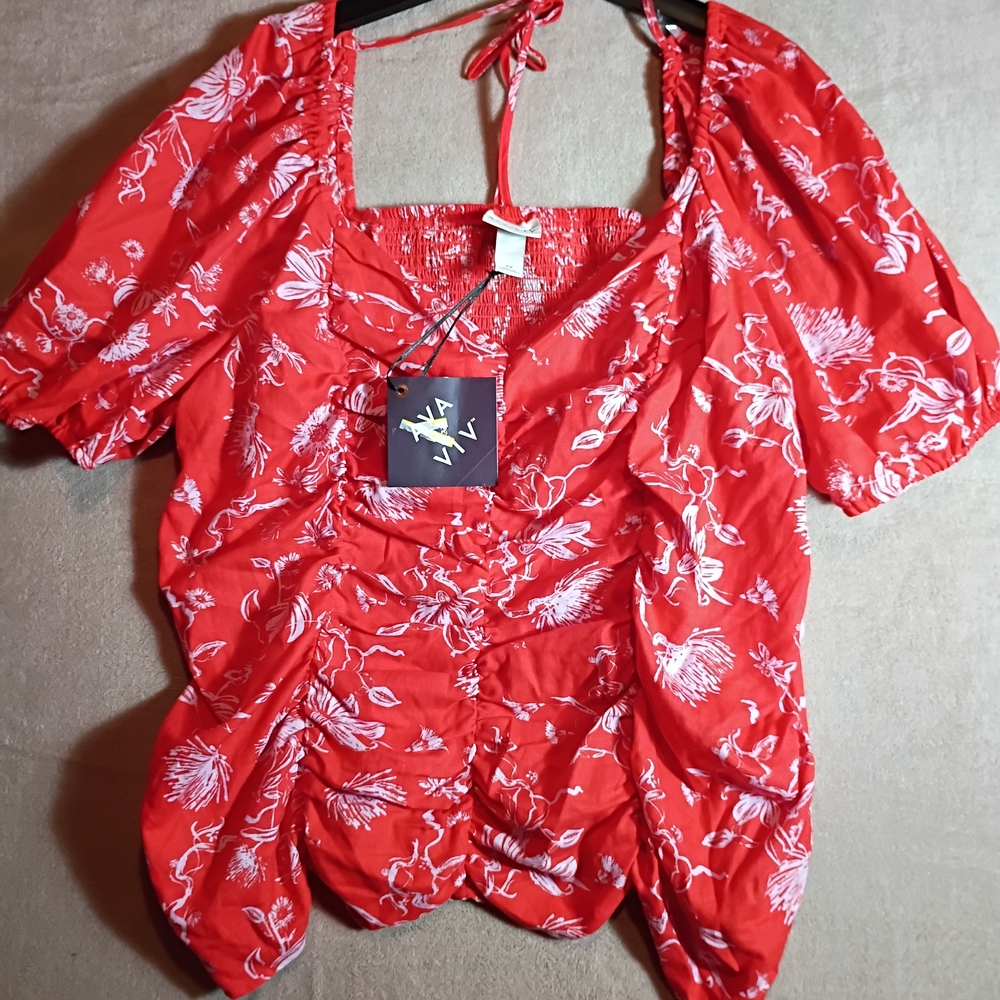 Ava &Viv Womens Top Short Sleeve Ruffle Blouse, Orange Floral Size 2X New